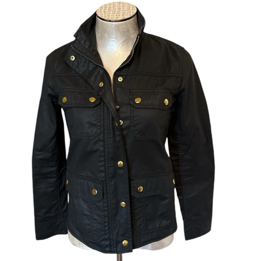 J.Crew Black Resin Coated Twill Field Jacket Petite XS PXS Gold Button Utility